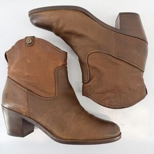 FRYE Jolene Brown Leather Western Pull On Button Block Heel Short Boots 8M